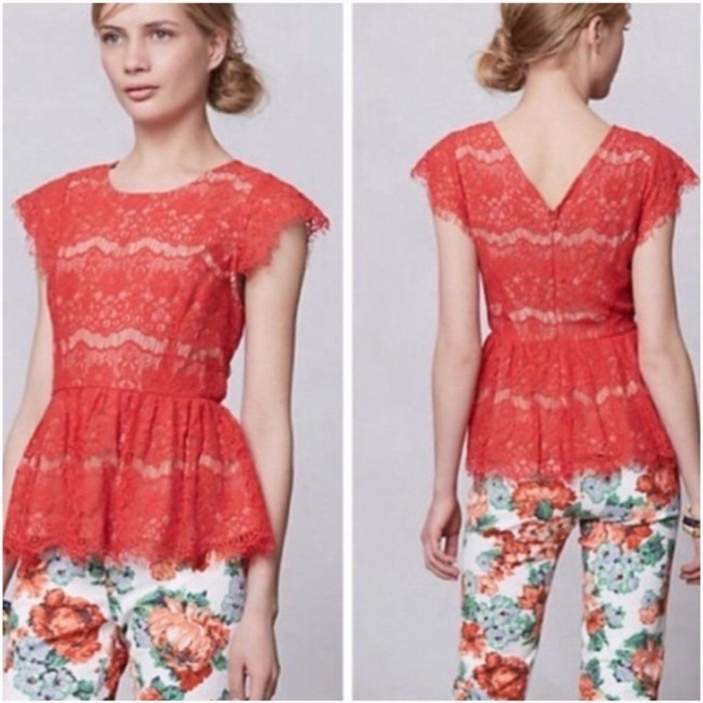Anthropologie Maeve‎ Katrine Red Lace Peplum Top Size Small